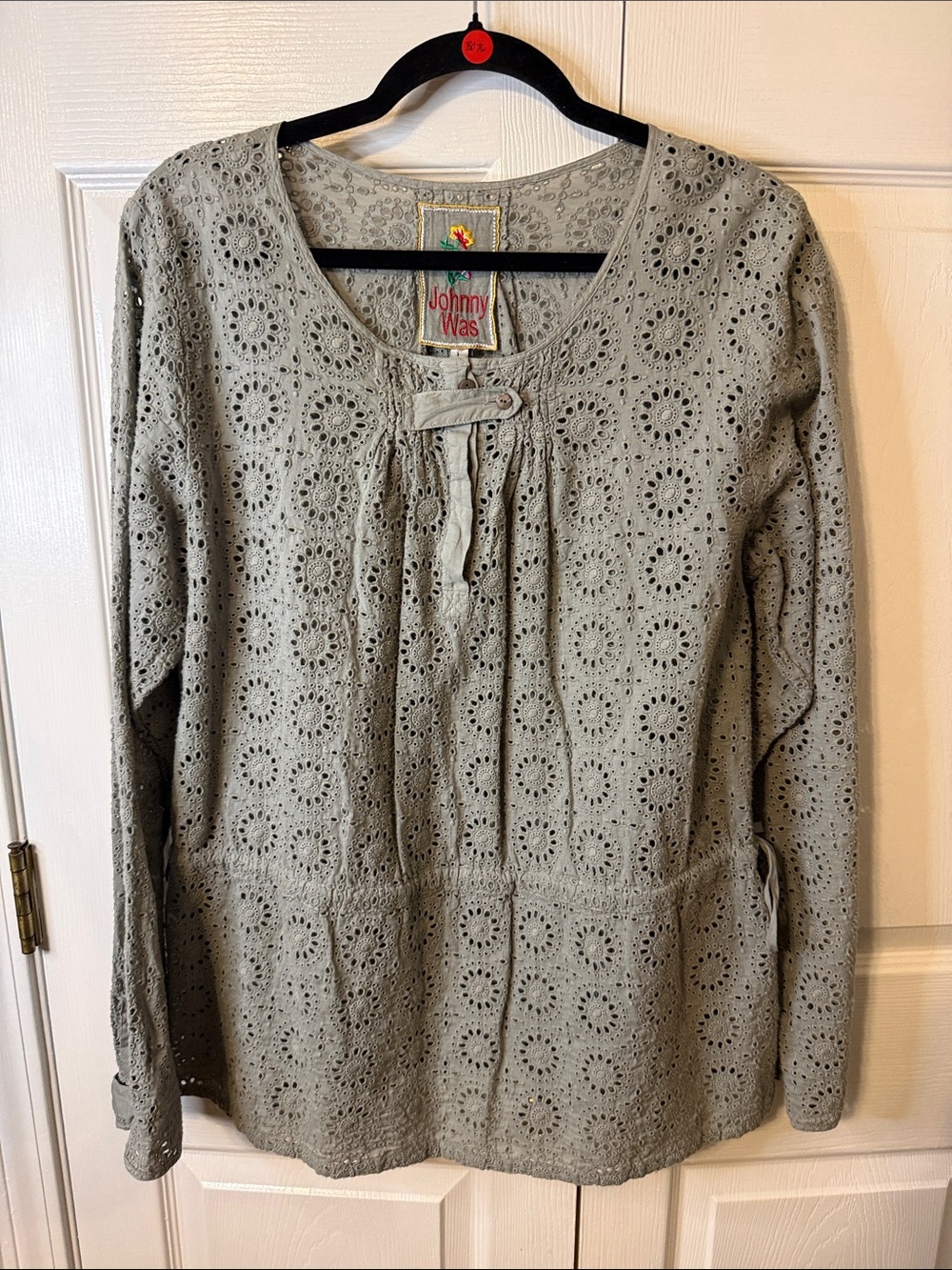 Johnny Was Sage Green Eyelet Long Sleeve Blouse